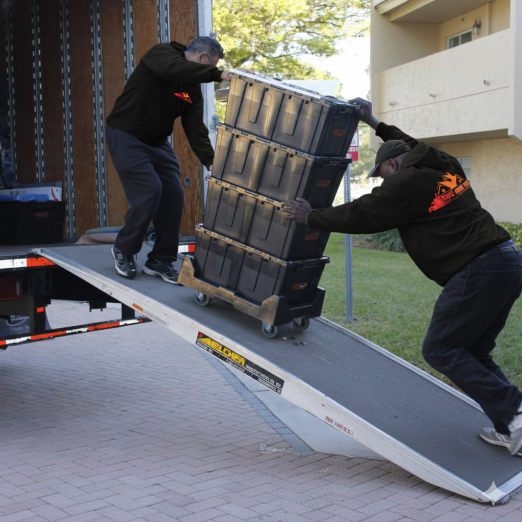MoveHomeFast team loading boxed furniture into a moving truck in Toronto